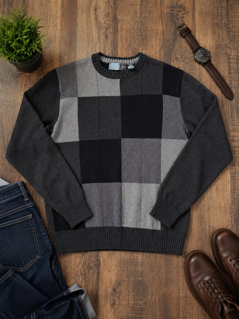 Oscar de la Renta Men’s L Crewneck Sweater Black Gray Block Check Cotton Blend